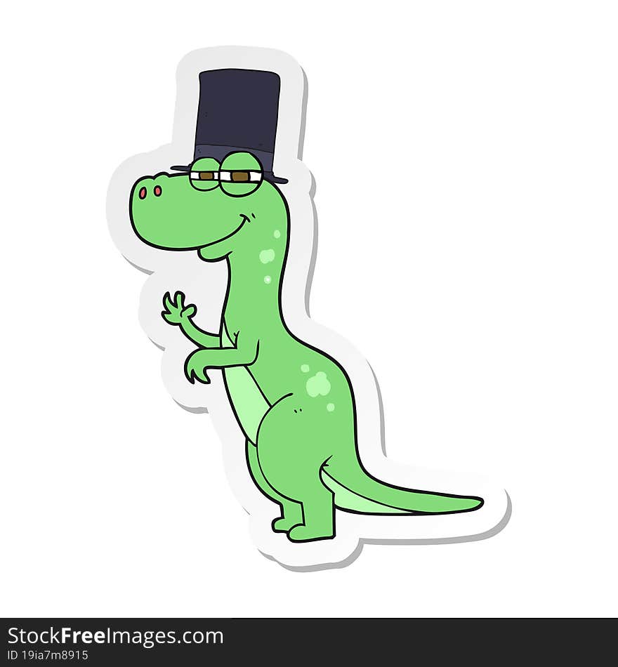 sticker of a cartoon dinosaur wearing top hat