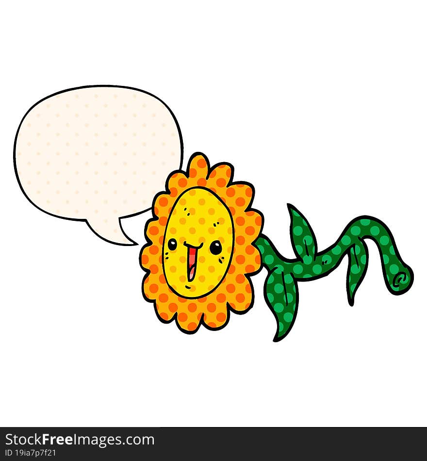 cartoon flower and speech bubble in comic book style