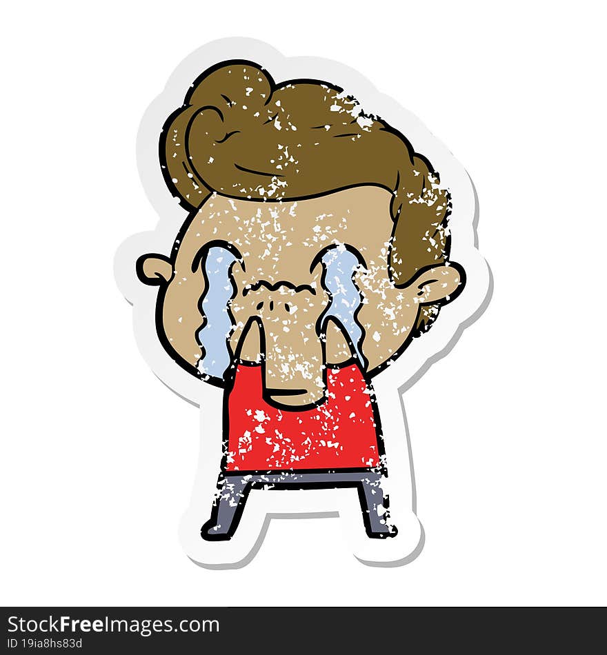 distressed sticker of a cartoon man crying