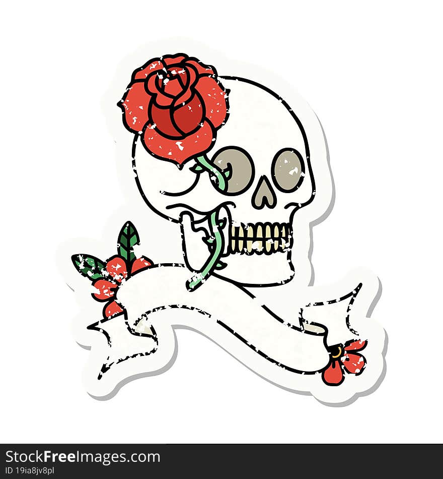 grunge sticker with banner of a skull and rose