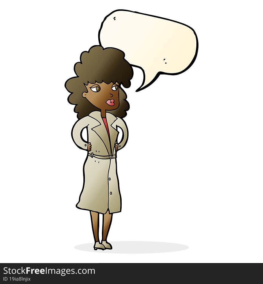 cartoon woman in trench coat with speech bubble