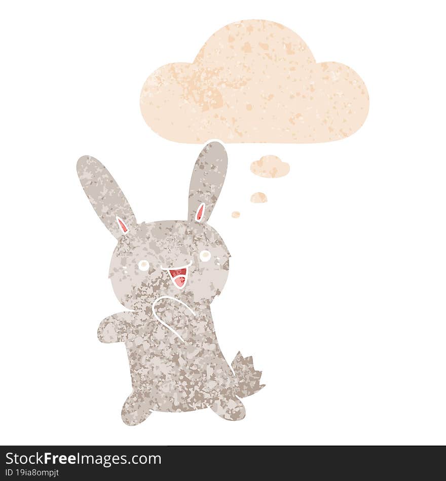 cartoon rabbit and thought bubble in retro textured style