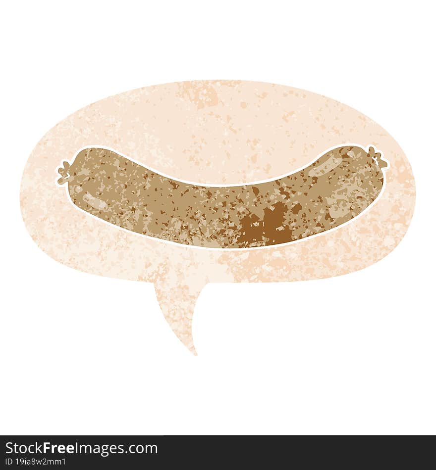 cartoon sausage and speech bubble in retro textured style