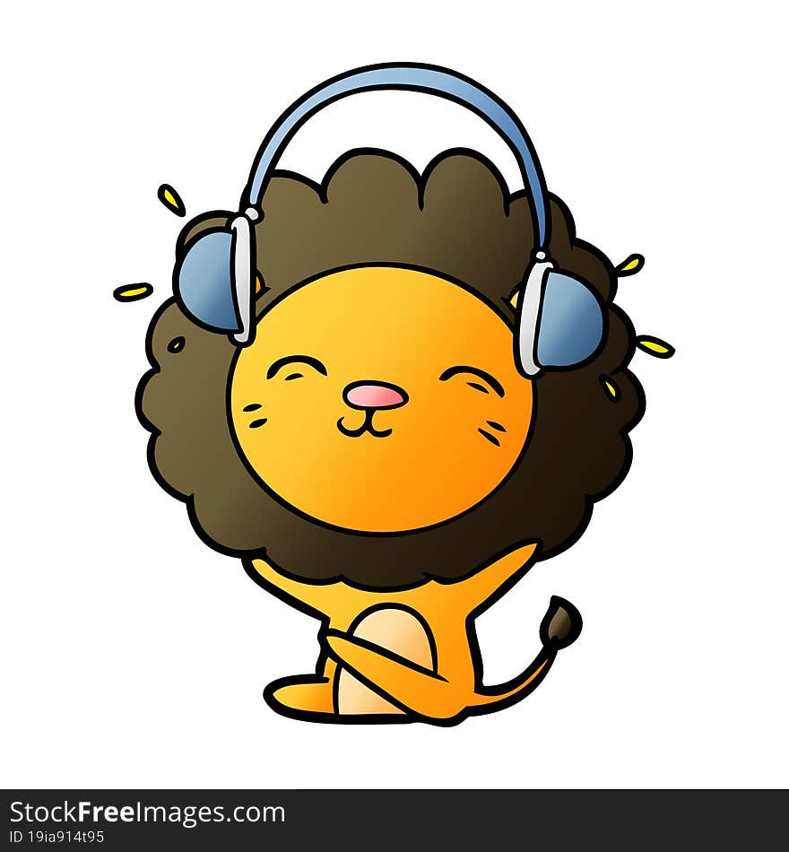 cartoon lion listening to music. cartoon lion listening to music