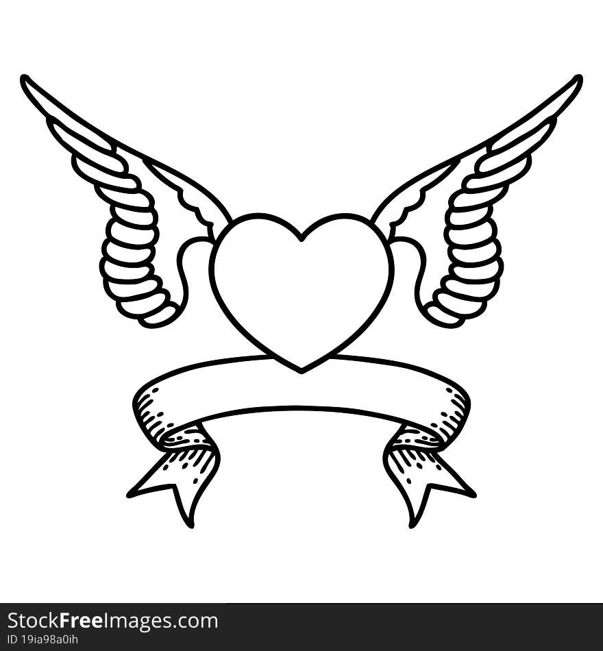 traditional black linework tattoo with banner of a heart with wings