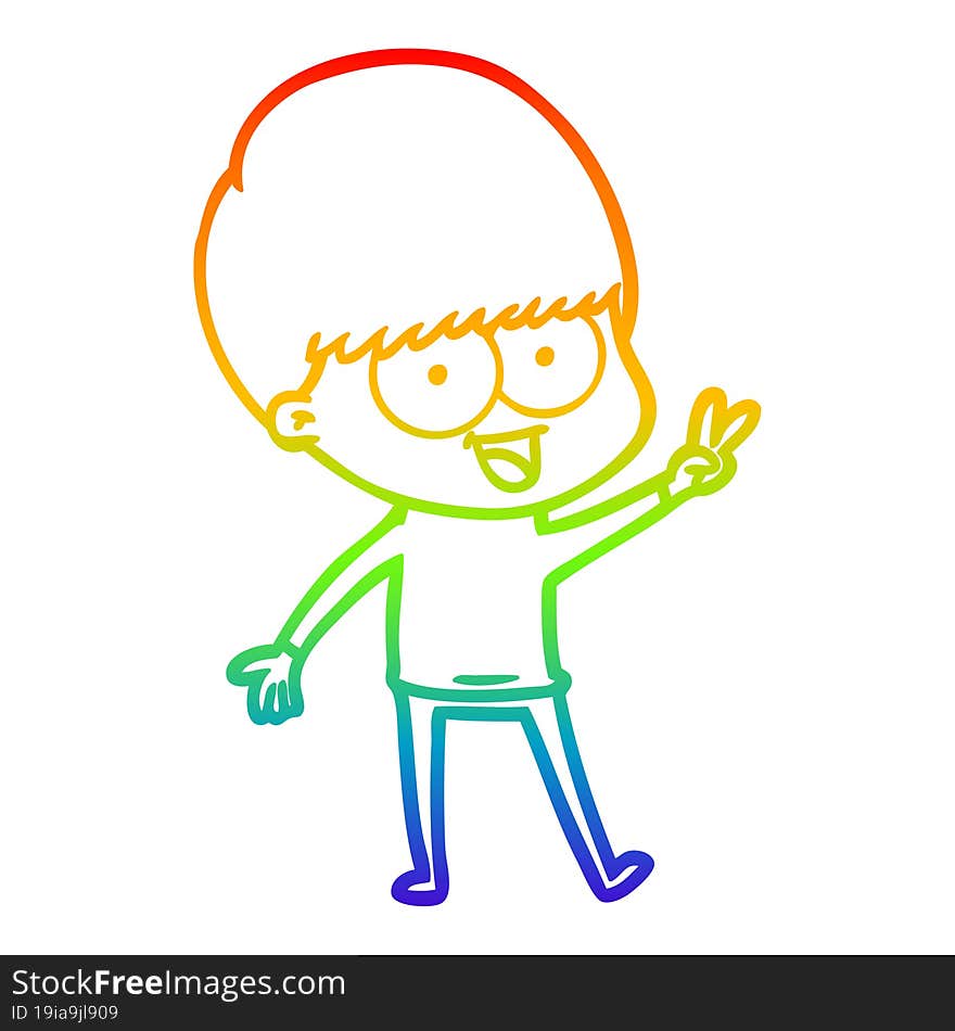 rainbow gradient line drawing of a happy cartoon boy waving