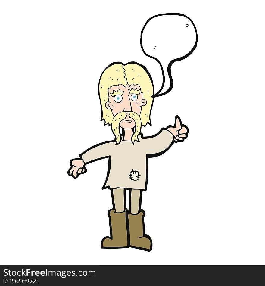 cartoon hippie man giving thumbs up symbol with speech bubble