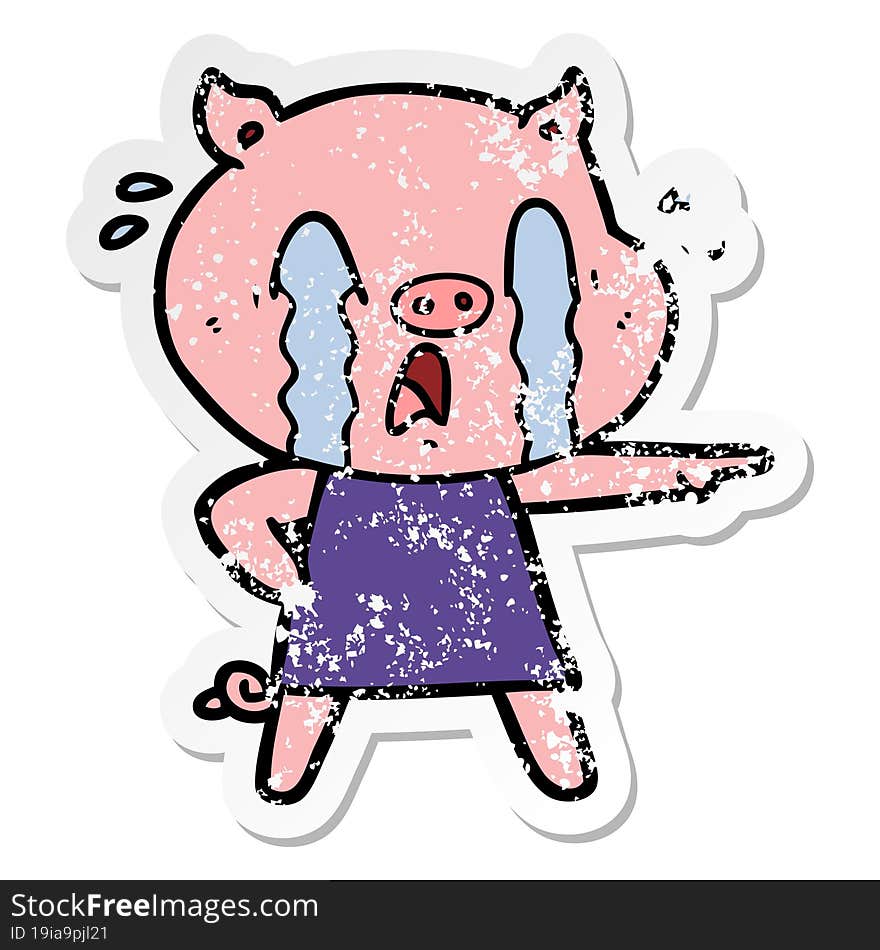 distressed sticker of a crying pig cartoon wearing human clothes