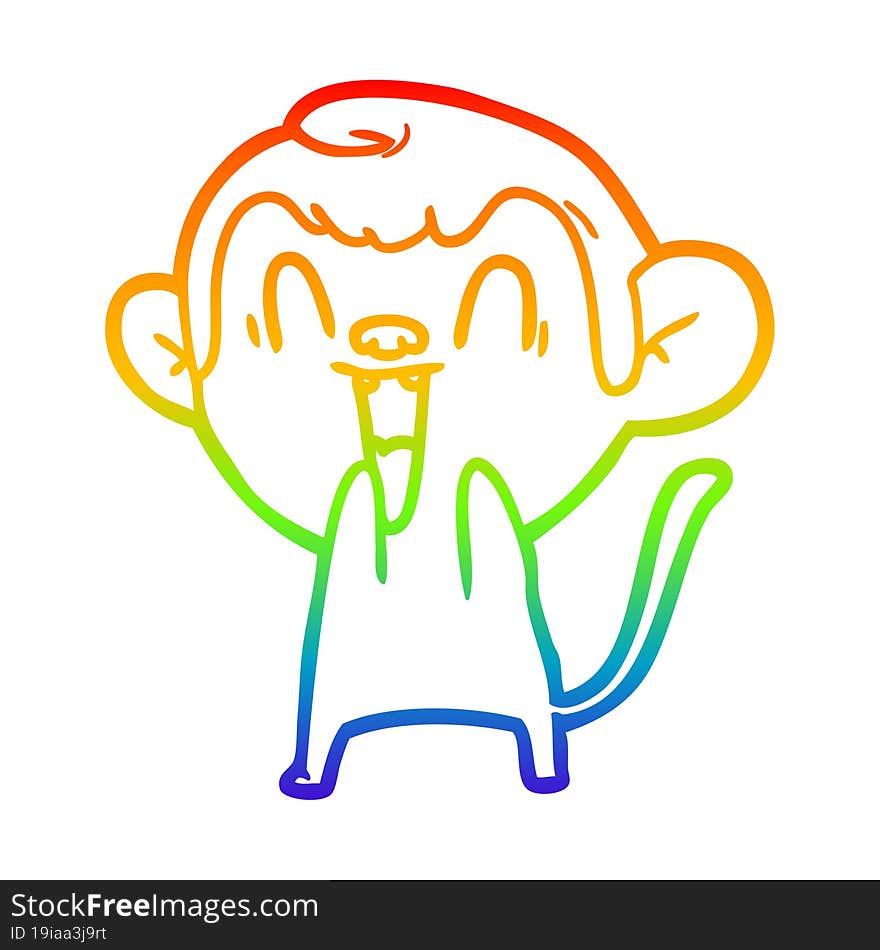 rainbow gradient line drawing of a cartoon laughing monkey