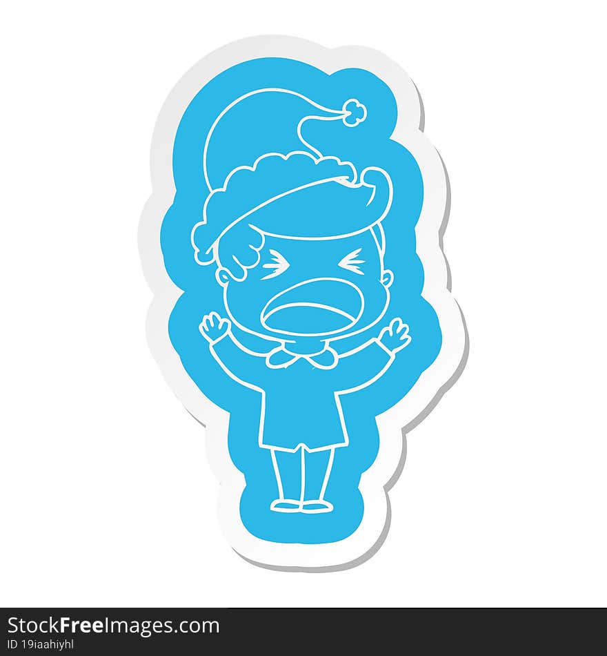 Cartoon  Sticker Of A Shouting Man Wearing Santa Hat