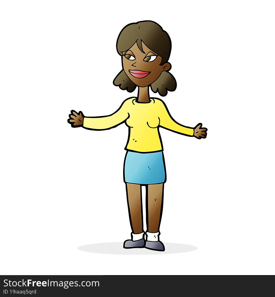 Cartoon Happy Woman Shrugging Shoulders