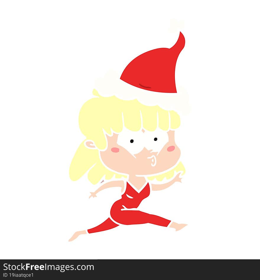 Flat Color Illustration Of A Woman Running Wearing Santa Hat