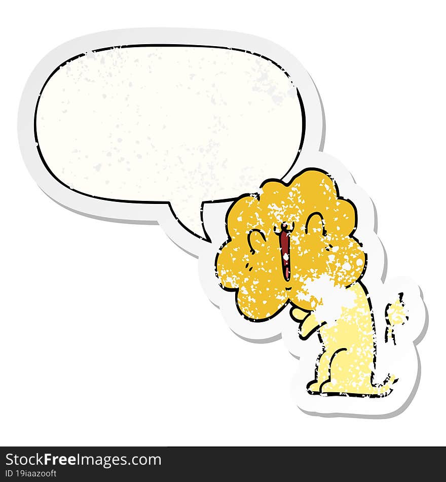 cute cartoon lion and speech bubble distressed sticker