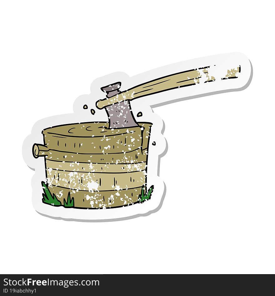 distressed sticker of a cartoon tree stump with axe