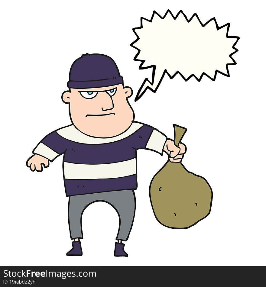 speech bubble cartoon burglar with loot bag