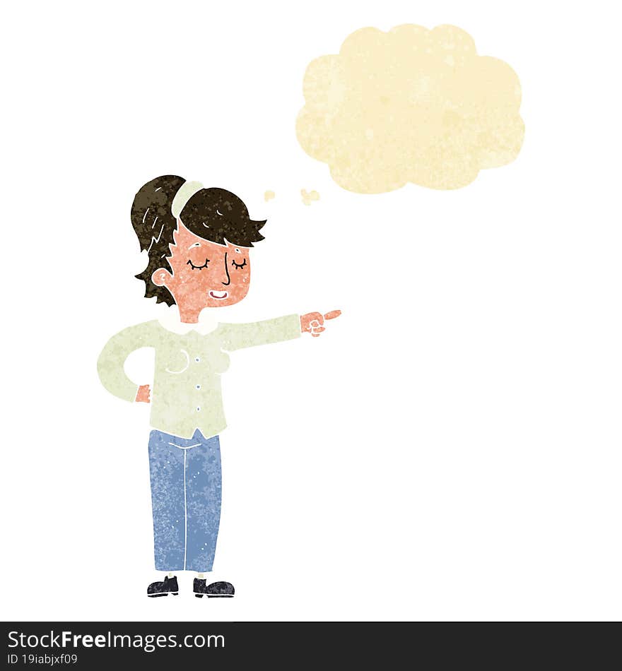 cartoon friendly woman pointing with thought bubble