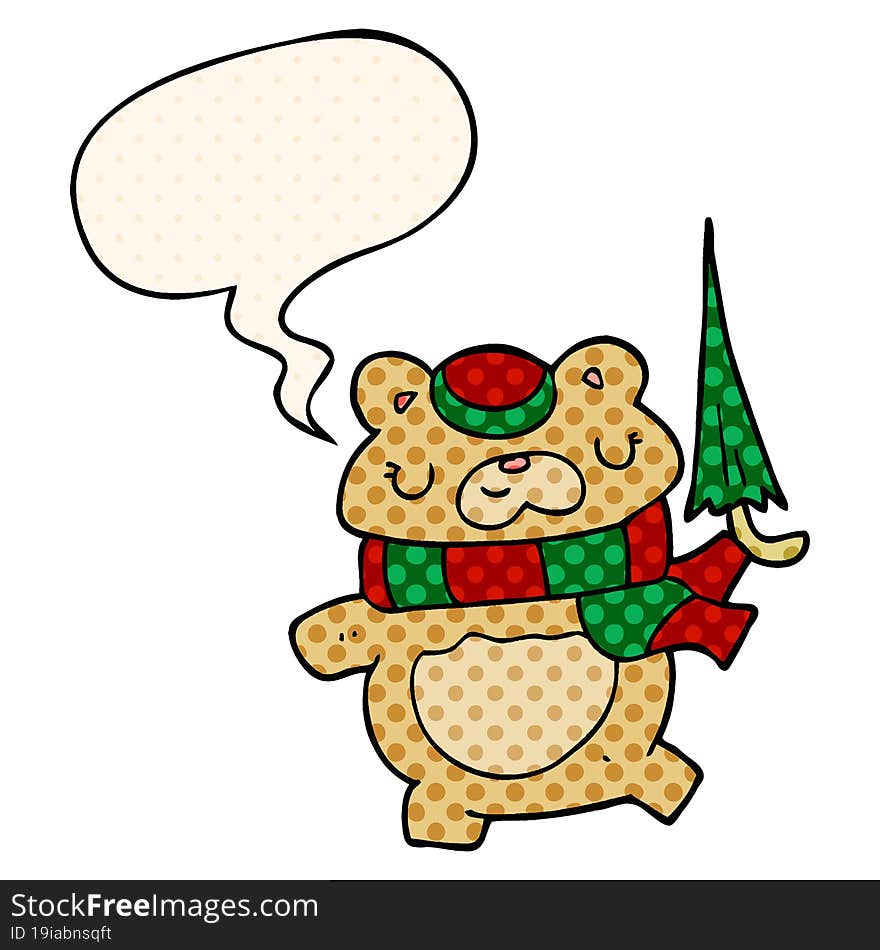 cartoon bear with umbrella with speech bubble in comic book style. cartoon bear with umbrella with speech bubble in comic book style