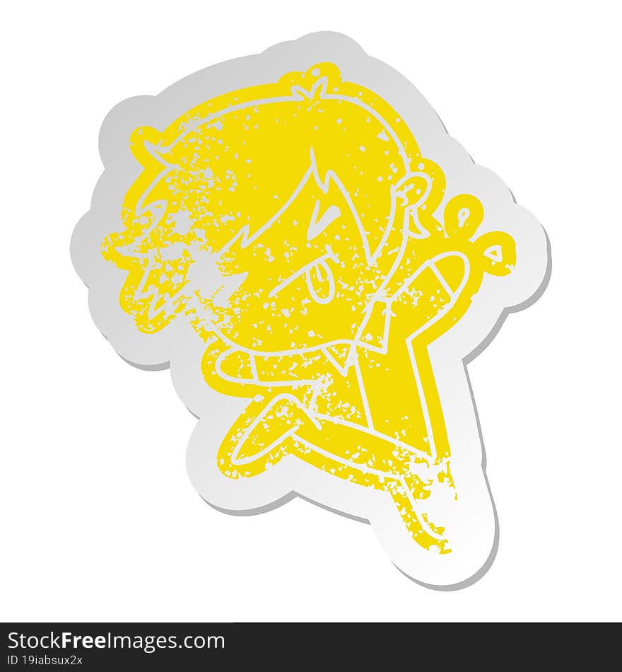 distressed old cartoon sticker of a kawaii cute boy. distressed old cartoon sticker of a kawaii cute boy