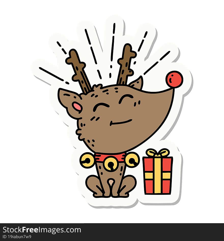 Sticker Of Tattoo Style Christmas Reindeer With Present