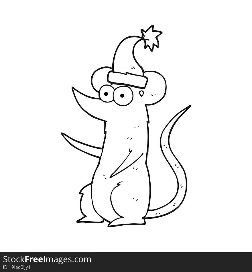 black and white cartoon mouse wearing christmas hat