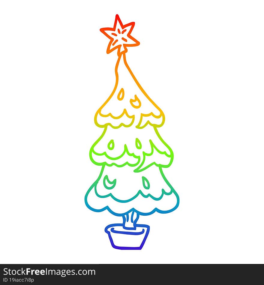 Rainbow Gradient Line Drawing Cartoon Snowy Christmas Tree