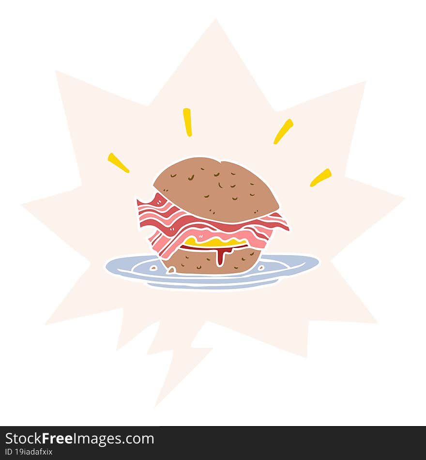 cartoon amazingly tasty bacon breakfast sandwich and cheese and speech bubble in retro style