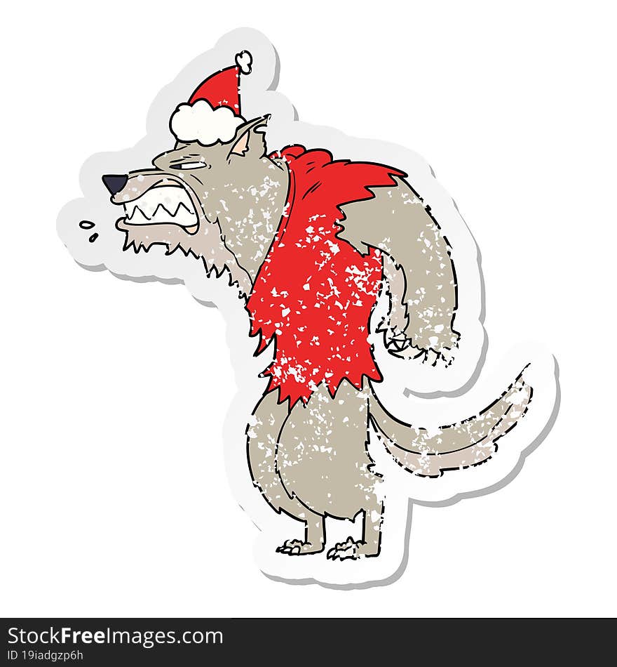 angry werewolf hand drawn distressed sticker cartoon of a wearing santa hat