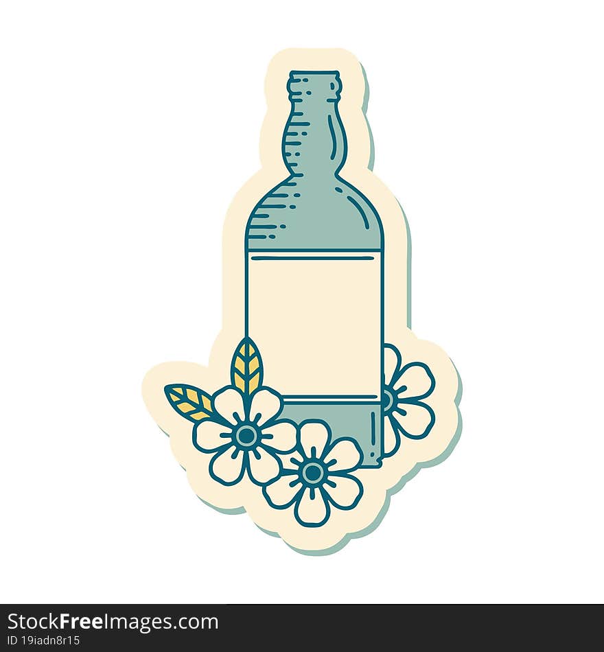 Tattoo Style Sticker Of A Rum Bottle And Flowers