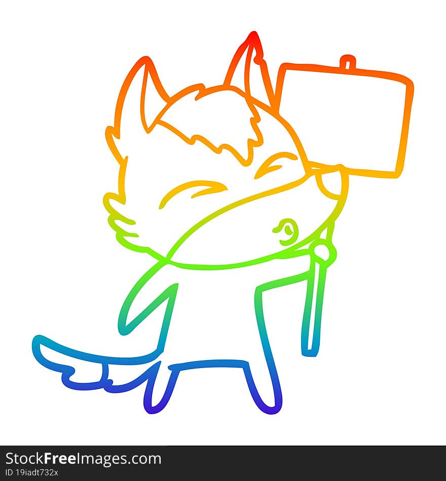 rainbow gradient line drawing cartoon wolf with protest sign