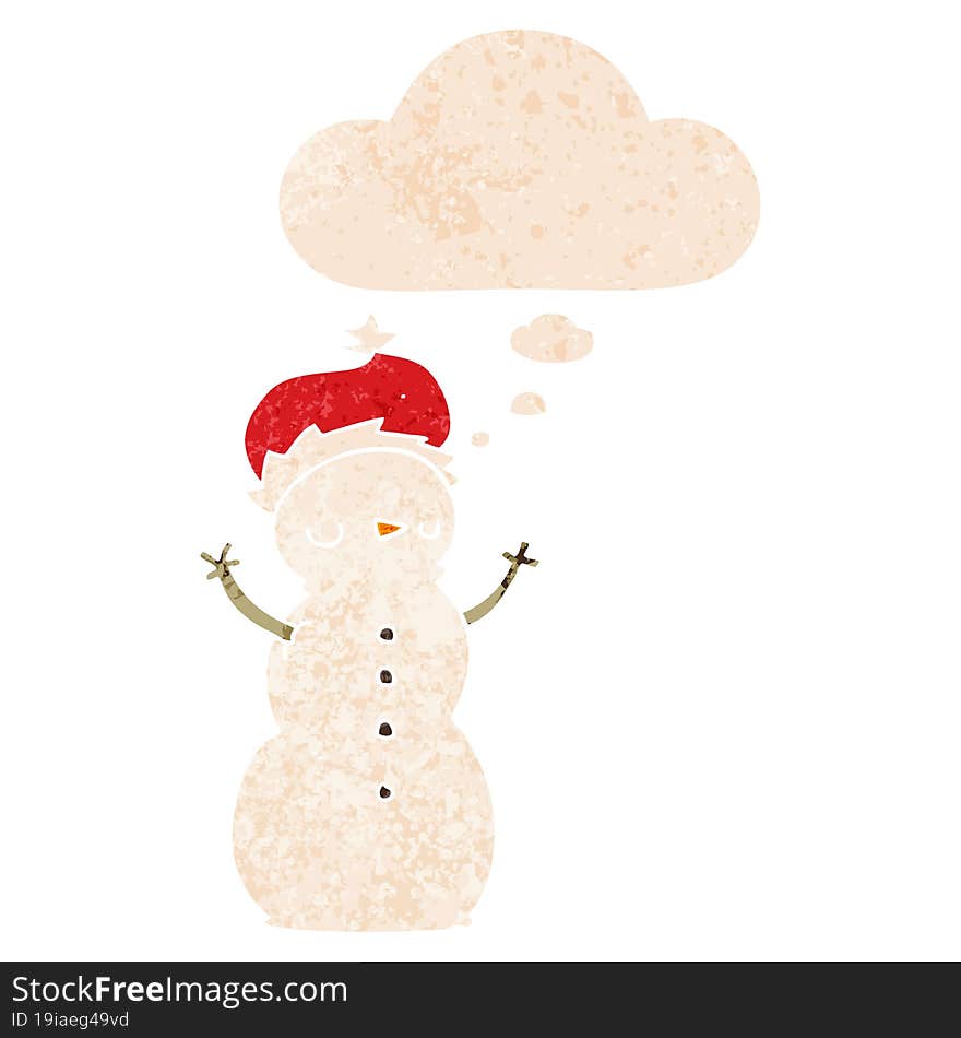 cartoon snowman and thought bubble in retro textured style