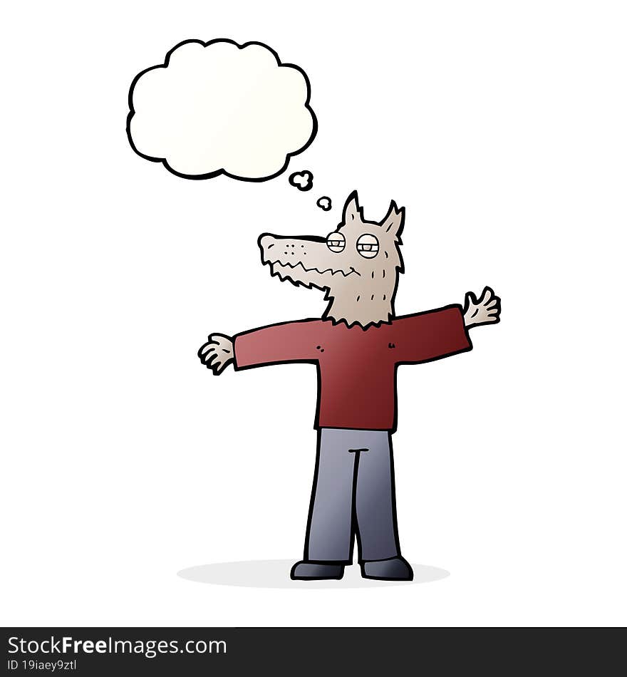 Cartoon Happy Wolf Man With Thought Bubble