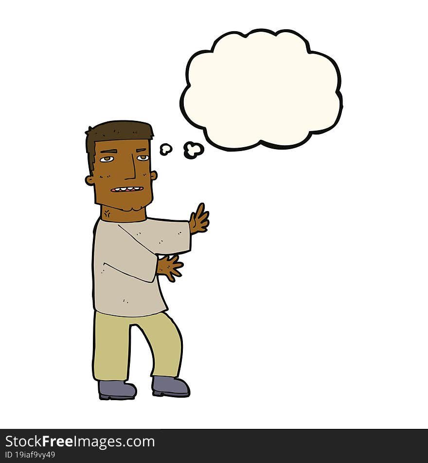 cartoon man gesturing with thought bubble