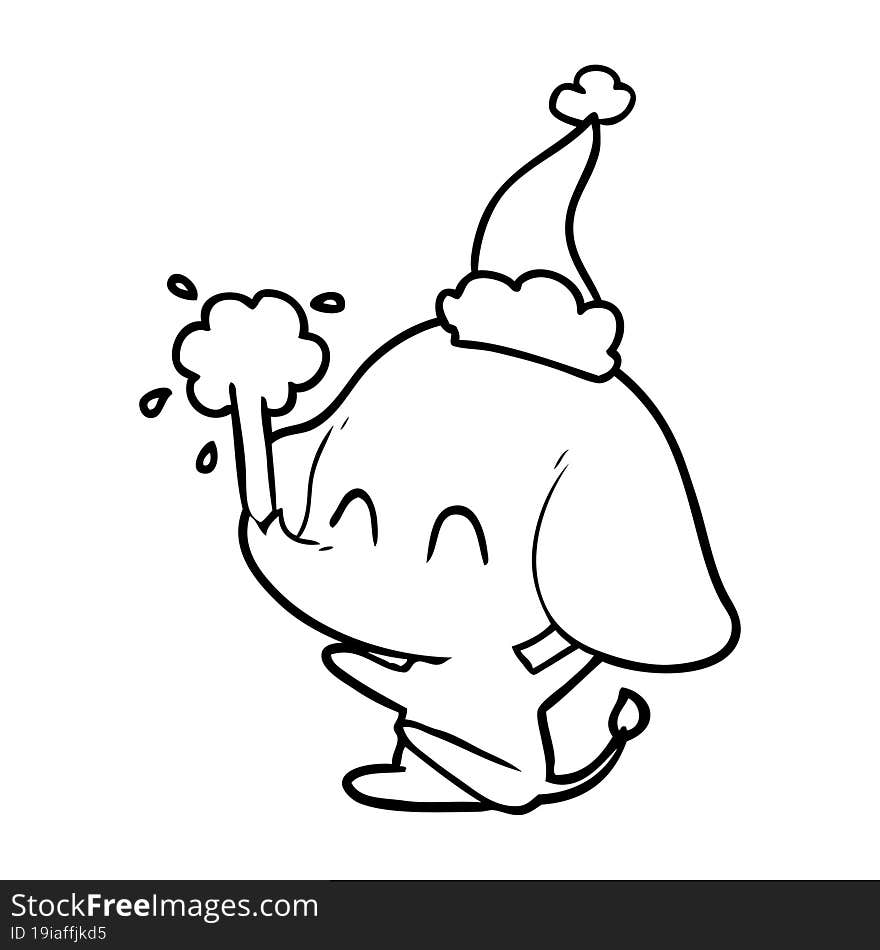 cute line drawing of a elephant spouting water wearing santa hat