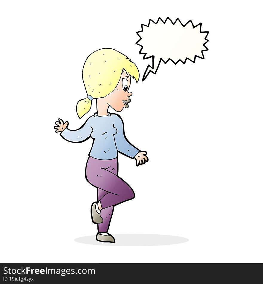 cartoon woman waving with speech bubble