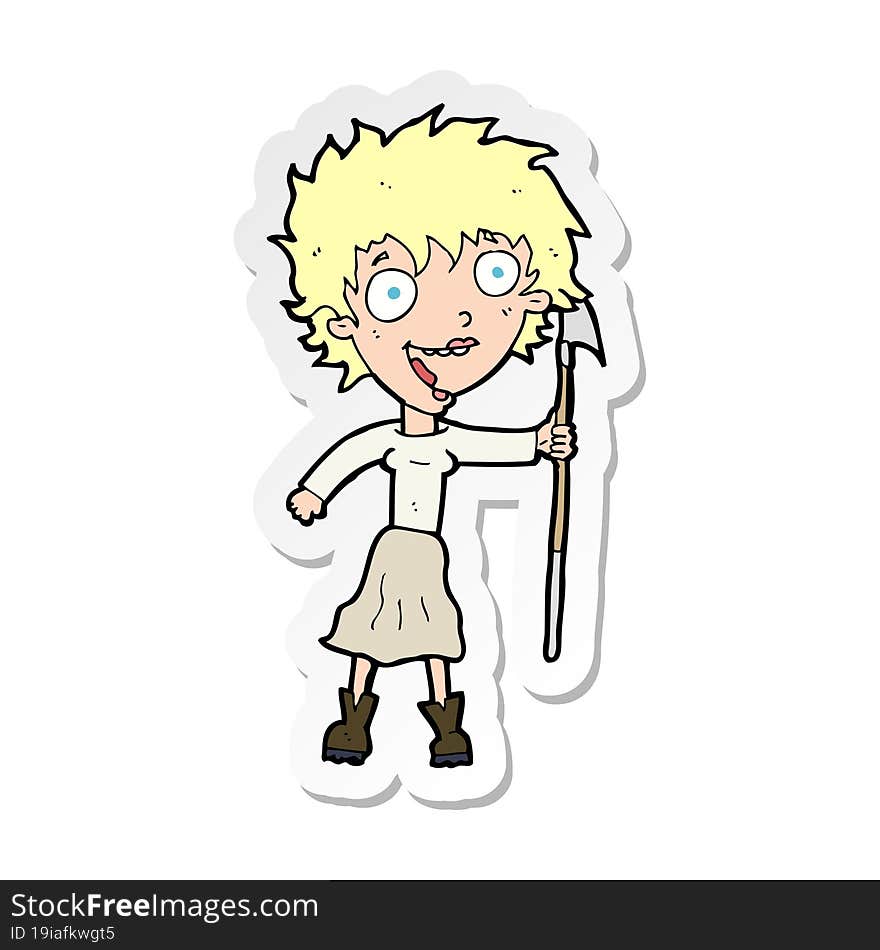 sticker of a cartoon crazy woman with spear