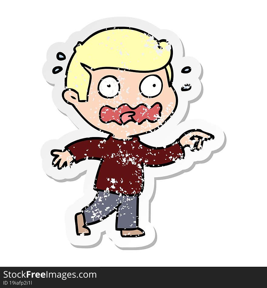 Distressed Sticker Of A Cartoon Stressed Out Pointing