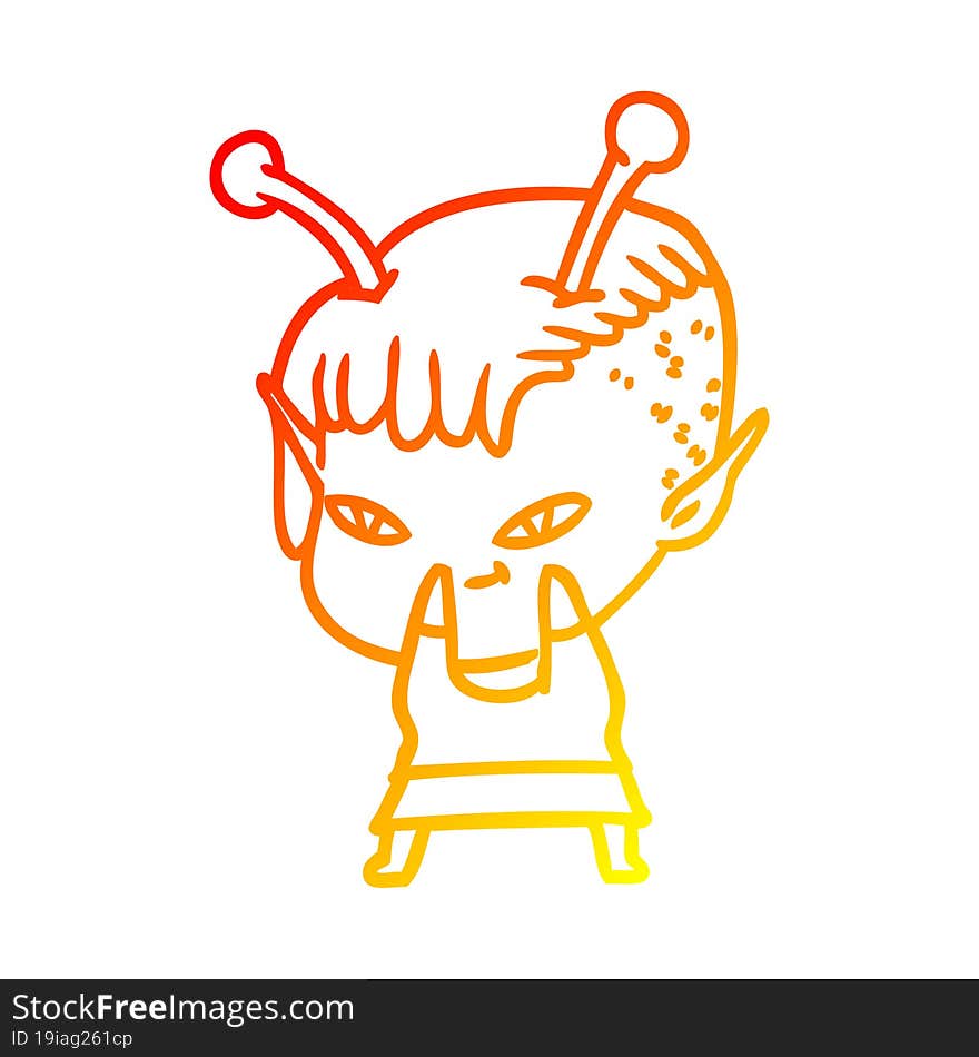 warm gradient line drawing of a cute cartoon alien girl