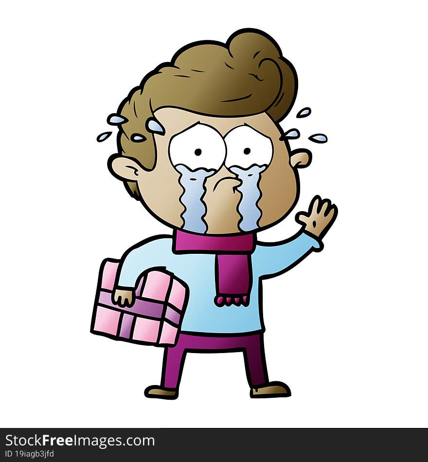 cartoon crying man with present. cartoon crying man with present