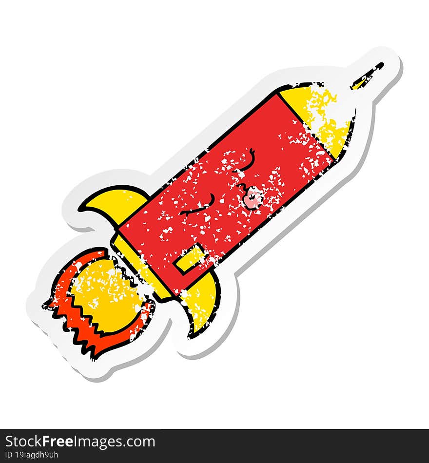 distressed sticker of a cartoon rocket