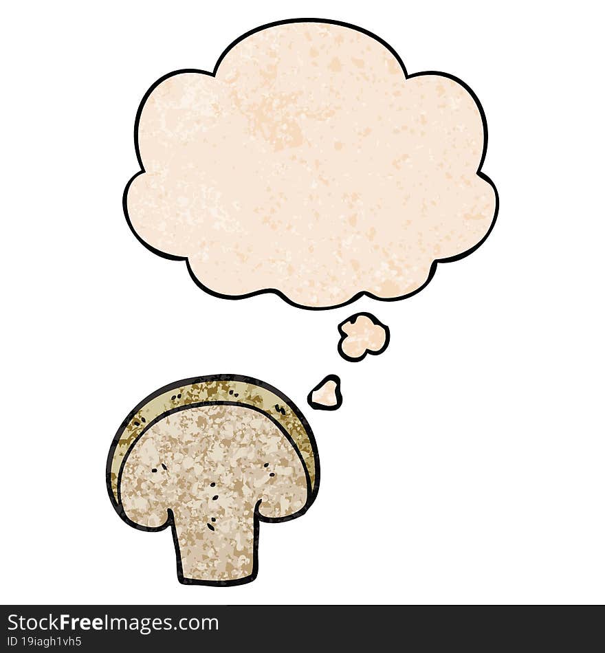 Cartoon Mushroom Slice And Thought Bubble In Grunge Texture Pattern Style