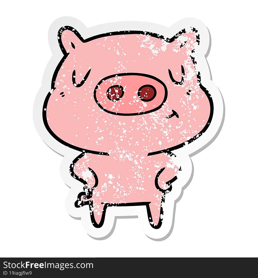 Distressed Sticker Of A Cartoon Content Pig