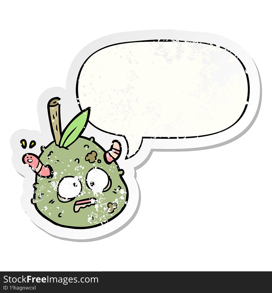 cartoon rotting old pear with worm with speech bubble distressed distressed old sticker. cartoon rotting old pear with worm with speech bubble distressed distressed old sticker