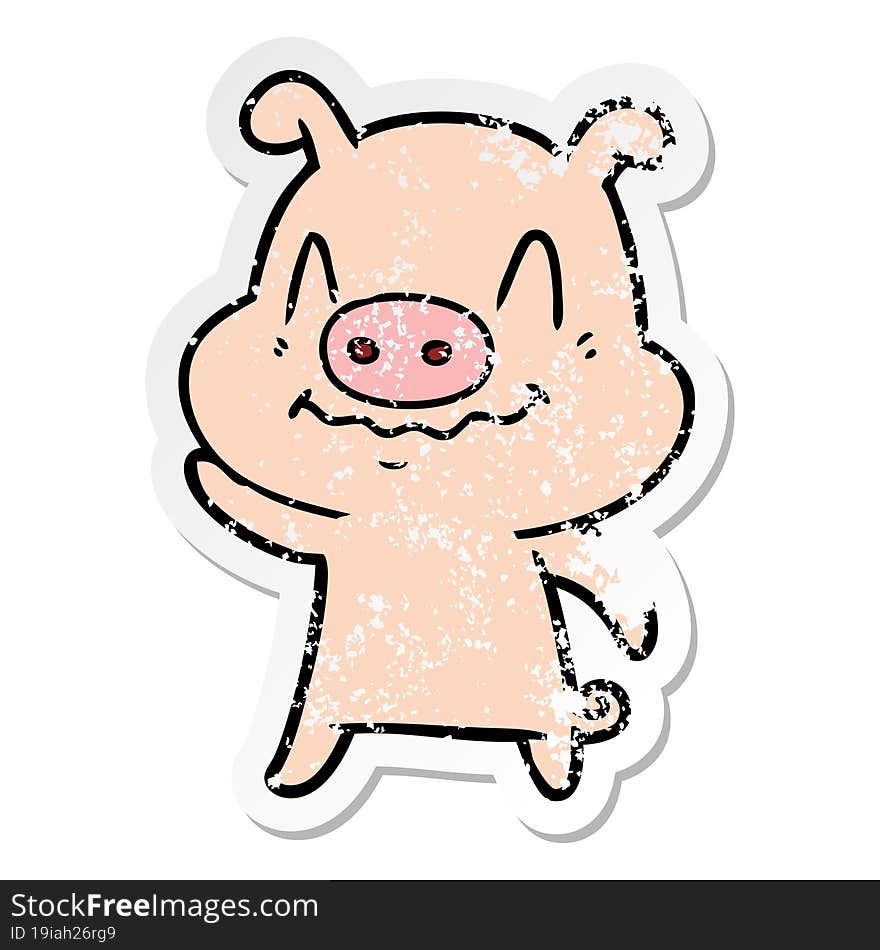 Distressed Sticker Of A Nervous Cartoon Pig