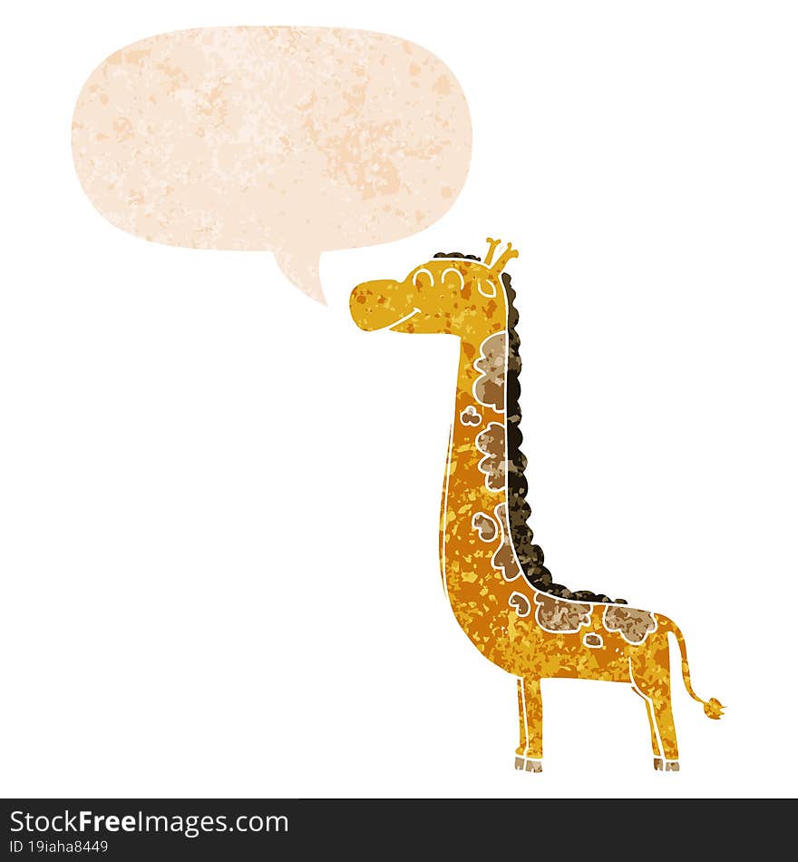 cartoon giraffe with speech bubble in grunge distressed retro textured style. cartoon giraffe with speech bubble in grunge distressed retro textured style