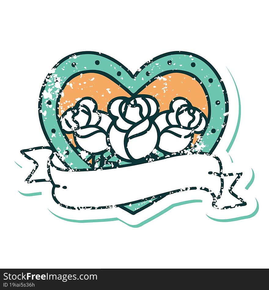 Distressed Sticker Tattoo Style Icon Of A Heart And Banner With Flowers