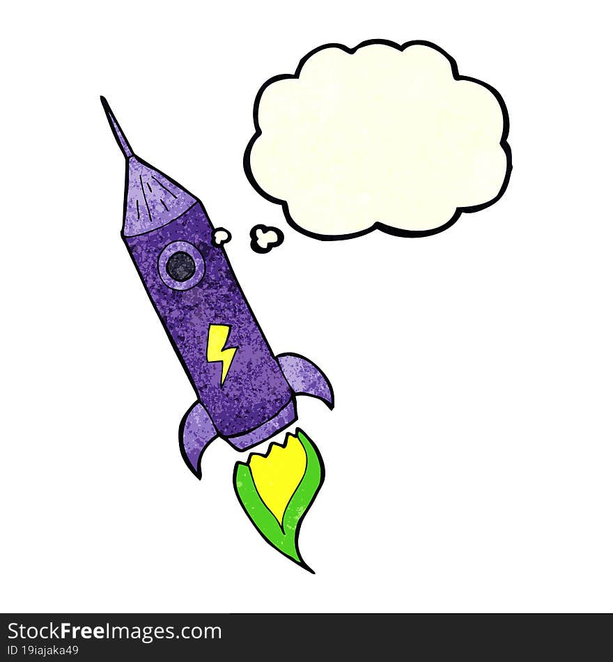 cartoon space rocket with thought bubble