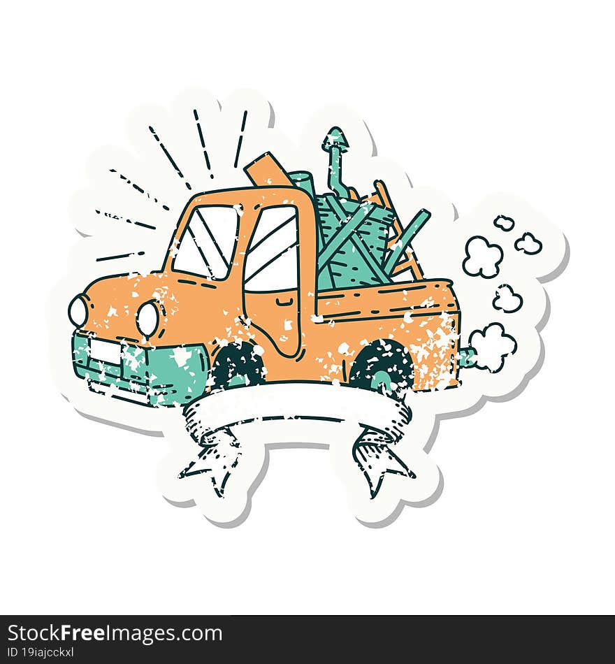 grunge sticker of tattoo style truck carrying junk