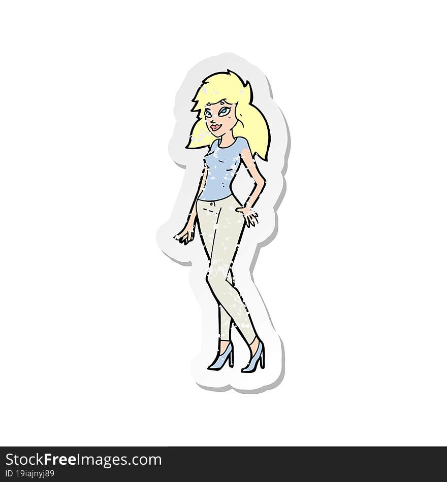 retro distressed sticker of a cartoon pretty woman