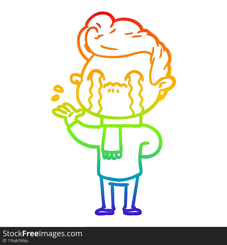 rainbow gradient line drawing of a cartoon man crying