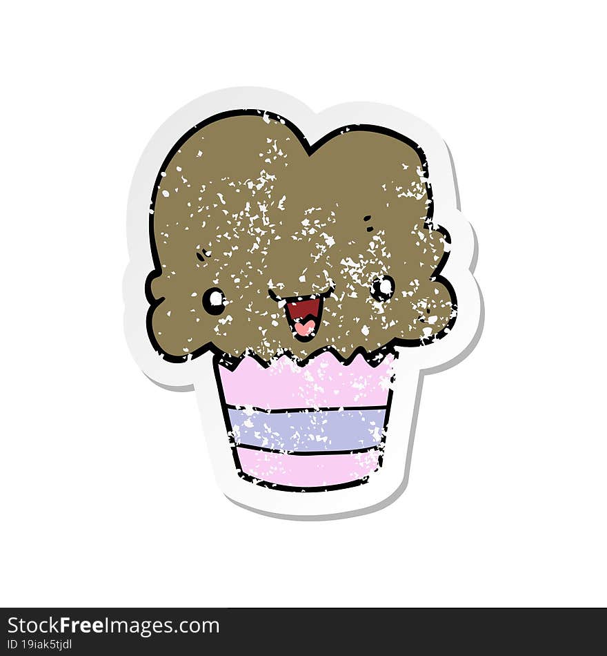 distressed sticker of a cartoon cupcake with face